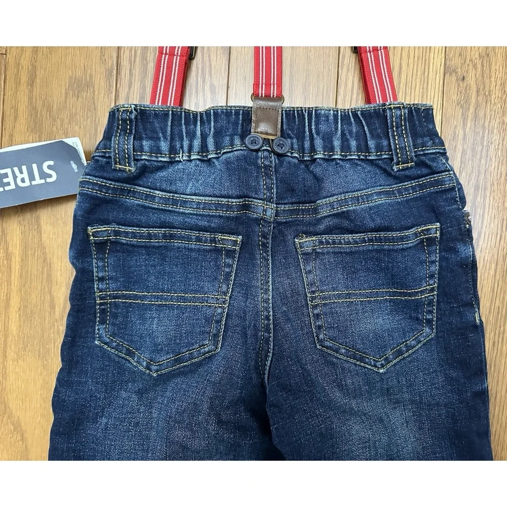 OshKosh B'gosh Boys 4T Lined Stretch  Jeans Red Suspenders Dark Wash NWT